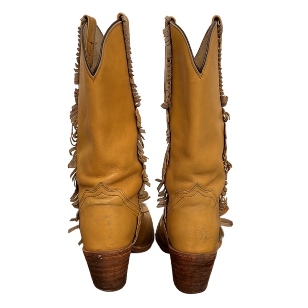 Frye Tan Leather Fringe Western Heeled Boots - Picture 2 of 10